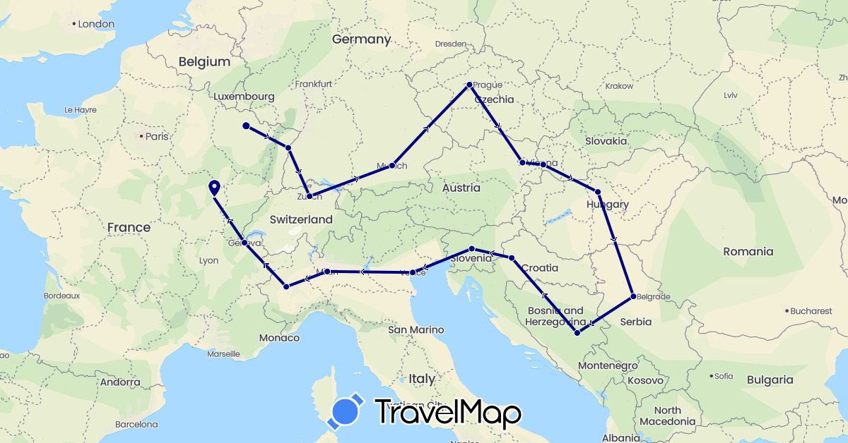 TravelMap itinerary: driving in Austria, Bosnia and Herzegovina, Switzerland, Czech Republic, Germany, France, Croatia, Hungary, Italy, Serbia, Slovenia, Slovakia (Europe)